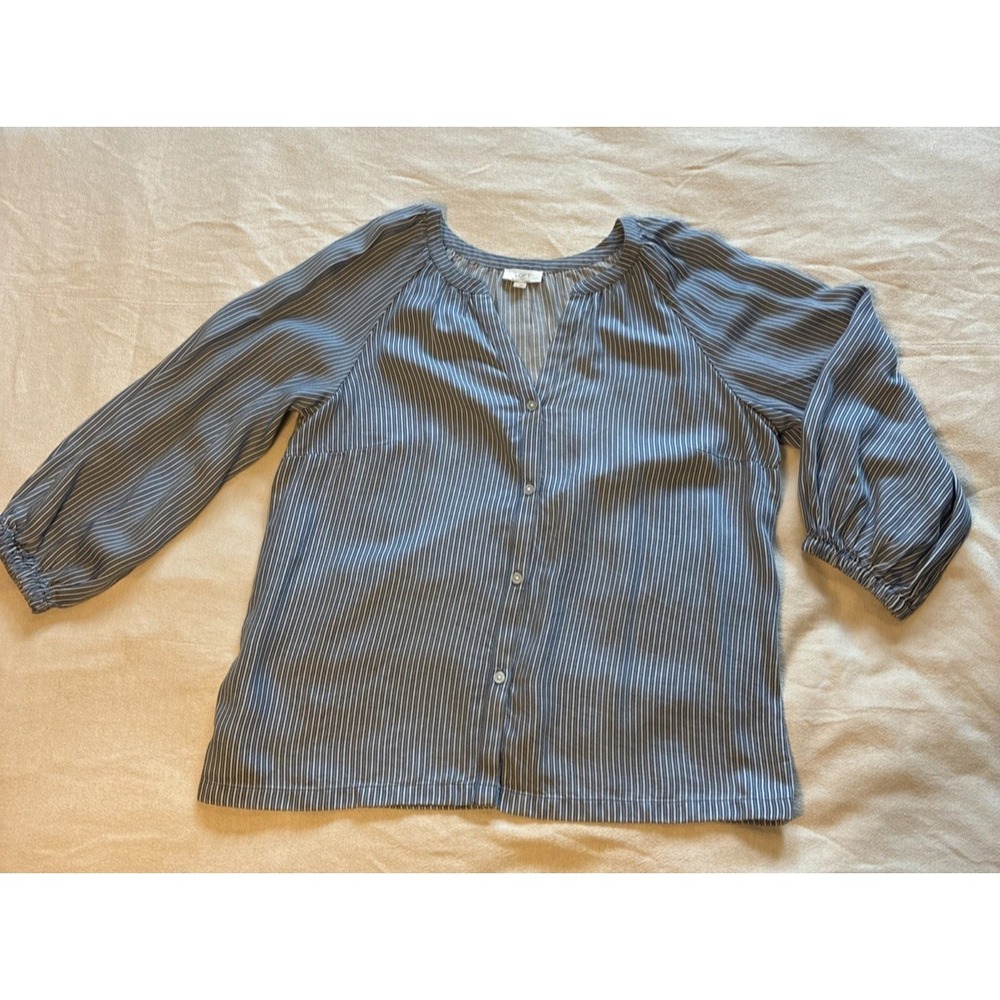 Women's Top Large Blue Striped Peasant Blouse Button-Down Relaxed Summer V-neck‎